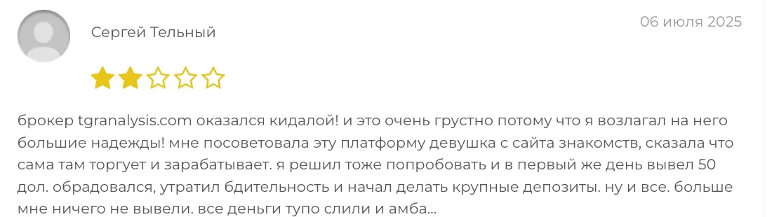 TGRanalysis отзыв клиента отзыв о брокере TGRanalysis